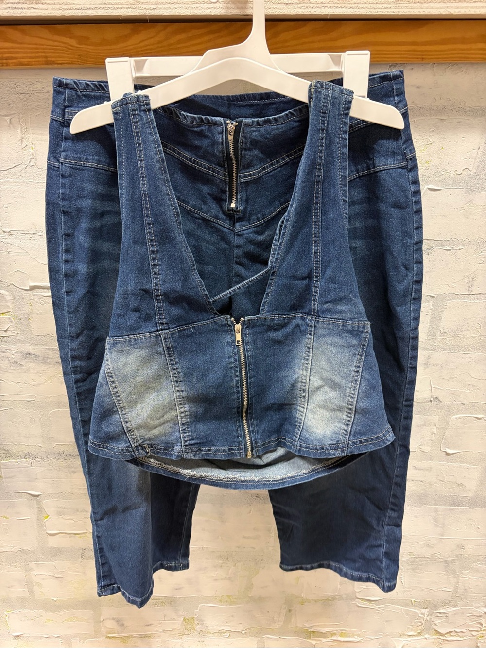 Dark Blue Denim Jeans with Zip-Front Denim Crop Top